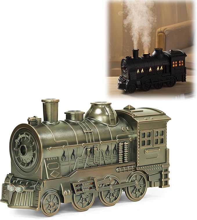 300ML Vintage Train Diffuser, Cool Mist Humidifier with Dual Modes, LED Light, Auto Shut-Off for Bedroom Office (Silver, Without Remote Control)