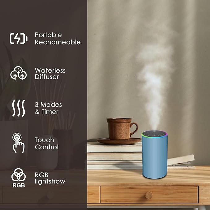 Waterless Essential Oil Diffuser, 7 Colors LED Light, Battery Powered Mini Scent Air Machine, Aromatherapy Mist Diffuser for Home Room Car Office，Black Aluminum Alloy (Black) (Blue)
