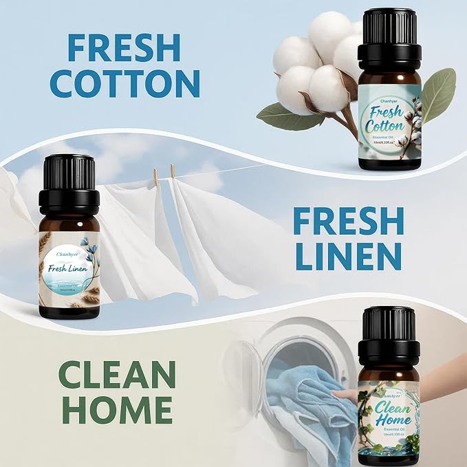 Clean Essential Oils Set 6 x 10ml–Fresh Linen, Mint,Clean Home,Silken Breeze, Fresh Cotton, Floral Soap for Diffuser, Home Fragrance