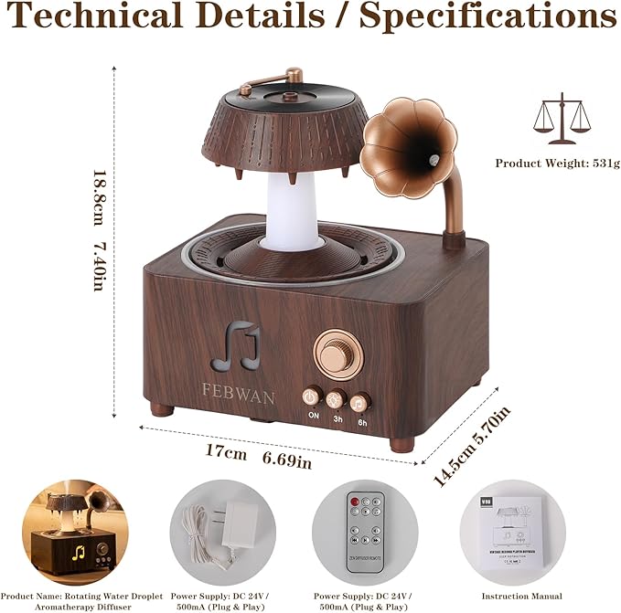 White Noise Aromatherapy Diffuser, Essential Oil Diffuser with Rain Sound, Bluetooth Speaker, Humidifier for Baby Sleep, Yoga, Nursery, Anxiety Relief, Timer, Remote, 250ML