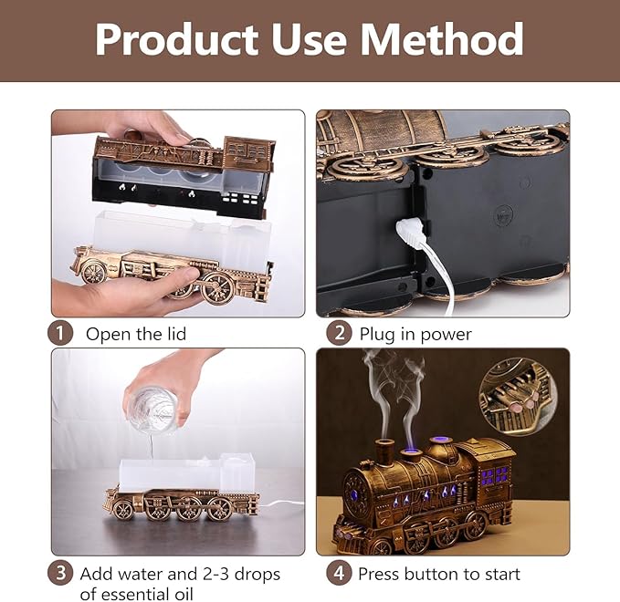 300ml Train Essential Oil Diffuser, 2 Color LED Vintage steam Christmas Train Aromatherapy Diffuser, 2 Dual Mist Modes Train Cool Mist Air Desktop Aroma Humidifier, 2/8 Hour Timer Auto Shut-Off