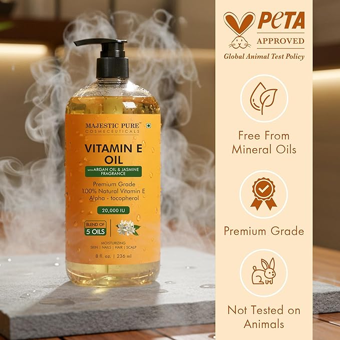 Majestic Pure Oil - 100% Pure and Natural- Cold Pressed & Hexane Free Natural Hair Growth Oil for Eyelashes, Eyebrows, Skin, Body, Face, Nails & Scalp - Vitamin E Oil with Argan Oil 8 Fl Oz