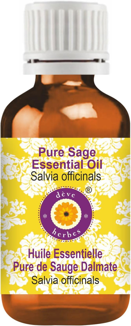 Deve Herbes Pure Sage Essential Oil (Salvia officinalis) Steam Distilled 100ml (3.38 oz)