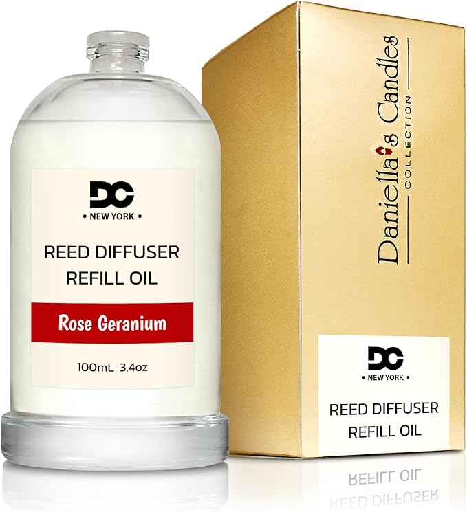 Daniella's Candles Rose Geranium Reed Diffuser Refill Oil, 3.4oz/100ml, Premium Fragrance Oil, Home Fragrance, Long Lasting, Oil for Reed Diffusers