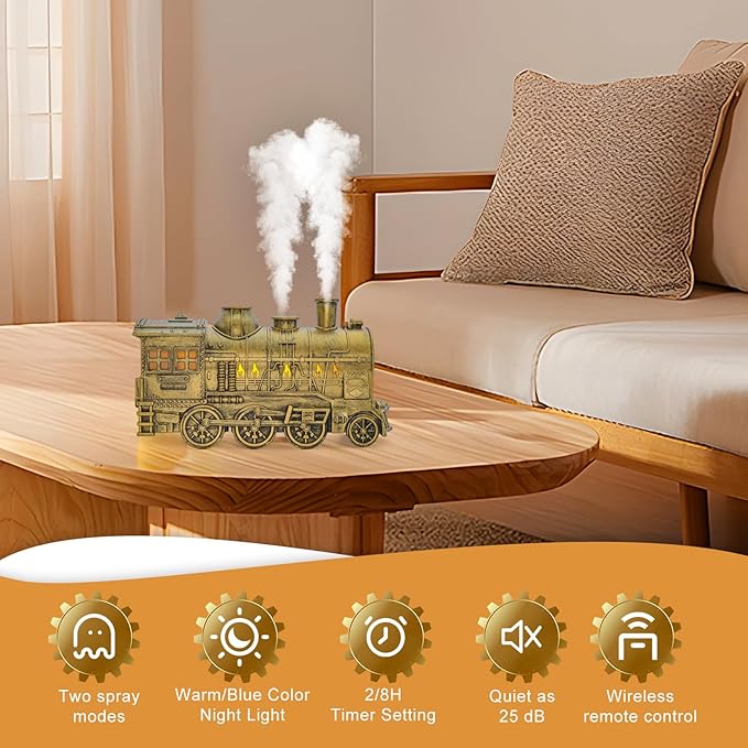Train humidifier, 300ml Train Diffuser for Bedroom, Remote Control Aromatherapy Diffuser, Ultrasonic Cool Mist Humidifier with 2 Lighting & 2 Mist Modes Auto Shut-Off for Office Bedroom