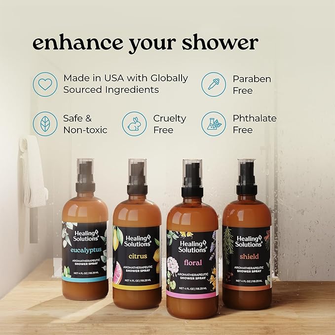 Healing Solutions Aromatherapy Shower Spray, Eucalyptus, 4oz, Therapeutic Grade Essential Oils, Made in the USA, At Home Spa Experience