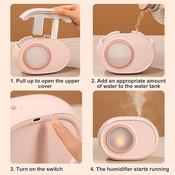 Humidifier for Bedroom, 400ml Desktop Fog Humidifiers, Essential Oil Diffuser with Dynamic Candlelight Flame Lamp, Suitable for Home, Travel & Plant Intelligent Anti Dry Burning Humidifier (Beige)