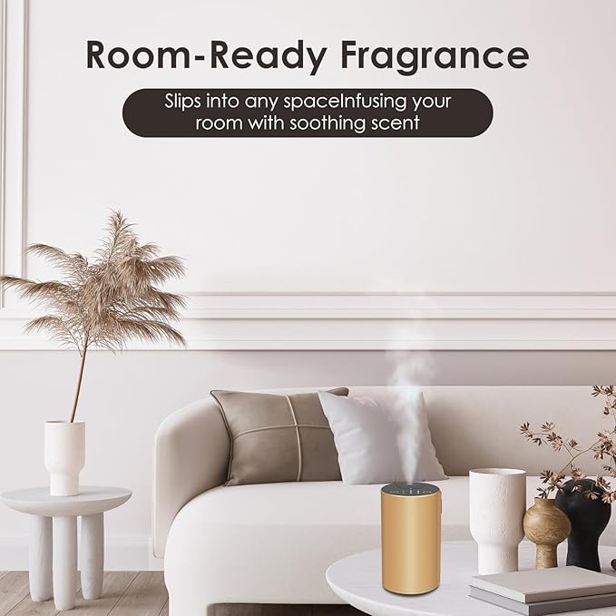 Waterless Essential Oil Diffuser, 7 Colors LED Light, Battery Powered Mini Scent Air Machine, Aromatherapy Mist Diffuser for Home Room Car Office，Black Aluminum Alloy (Gold)