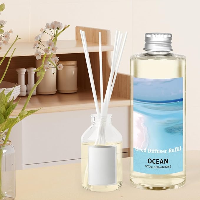 STRN Reed Diffuser Oil Refill, Ocean Scented Diffuser Oil Refills with 6 Reed Sticks 200ML(6.8fl.oz), Room Fresheners for Home, Long-Lasting Fragrance for Living Room, Bedroom, Office, Home Décor