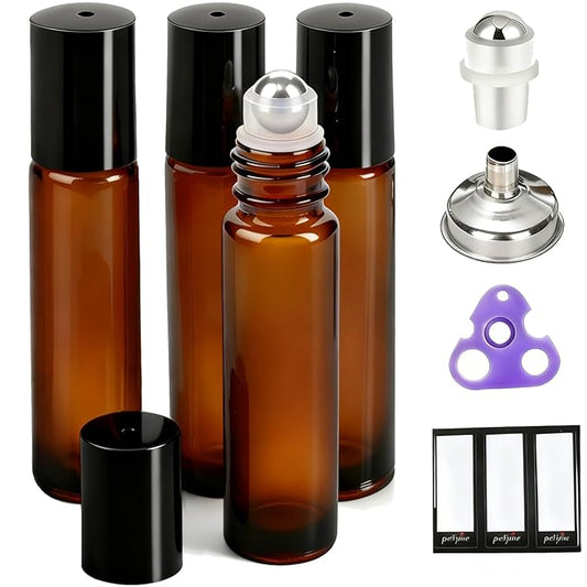 PrettyCare 4 Pack 10 ml Amber Glass Roller Bottles for Essential Oil with Stainless Steel Roller Ball - Refillable Leak-proof Empty Roll on Bottles with Black Caps for Travel, Perfume,Lab