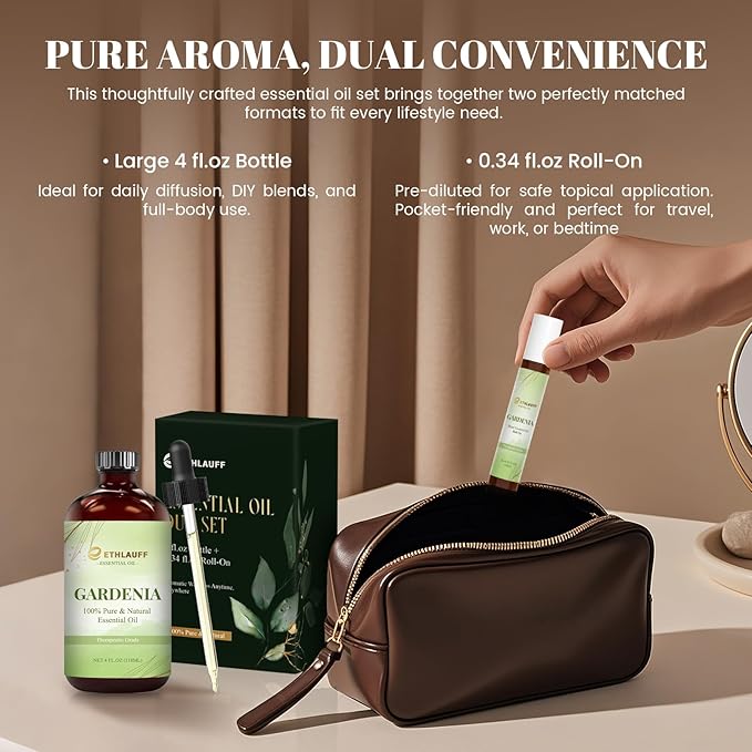 Gardenia Essential Oil (4 fl.oz Bottle + 0.34 fl.oz Roll-On) — Gardenia Oils for Aromatherapy, Diffusers, Humidifiers, Home fragrances, DIY Skincare, Candle, Soap Making, Relaxation,
