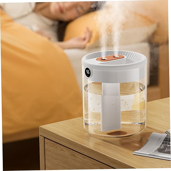 Air Humidifier with Humidity Display, 2L Mute Clear Cool Mist Diffuser with 3 Modes, Dual Spray & Light for Bedroom, Car, Baby Nursery, Office, Indoor Plants