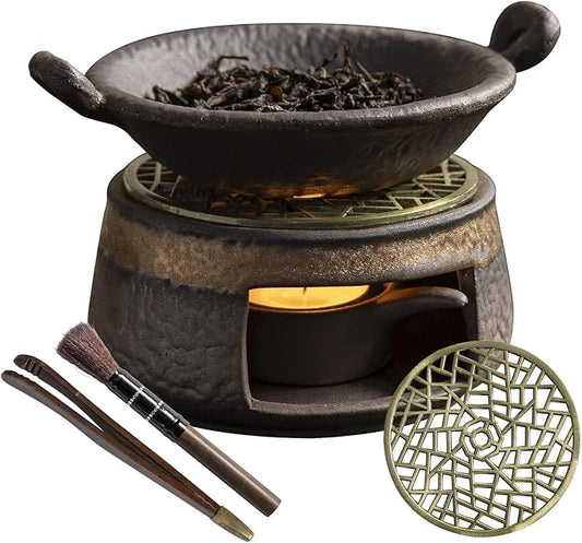Cedar Aromatherapy Burner & Ceramic Oil Warmer for Home & Office (Heat-Resistant Double-Handled Baking Tray + Stone-Patterned Oven + Accessories)