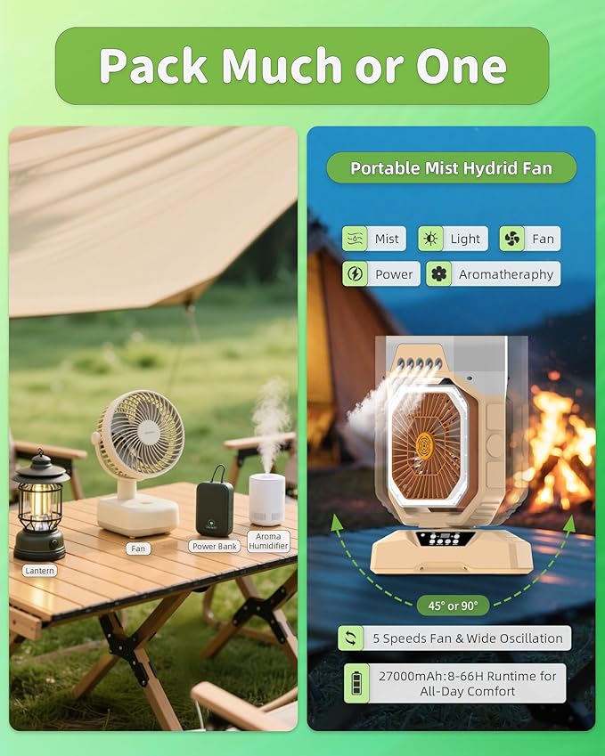 Weljoy Desk Fan 5 Sprayers Rechargeable Misting Fan for Camping & Home – 6 Speed Portable Cooling Fan with Mist 560ml Water Tank Aromatherapy Diffuser Timer 27000mAh Fast-Charging Battery(Biege)