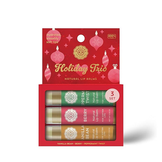 Holiday Stocking Stuffer Lip Balm Set: All-Natural Shea Butter, Beeswax, Coconut Oil, & Vitamin E Infused Lip Care (3 Pack, Holiday Trio)