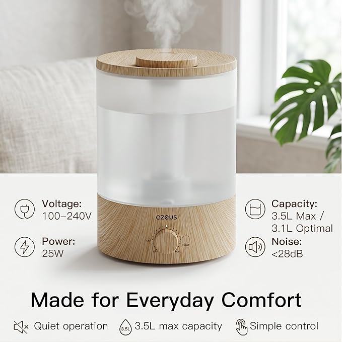AZEUS 3.5L Ultrasonic Humidifier with 7-Colour Night Light, Aroma Diffuser Compatible Cool Mist Humidifier, Quiet & Adjustable for Bedroom, Nursery, Office