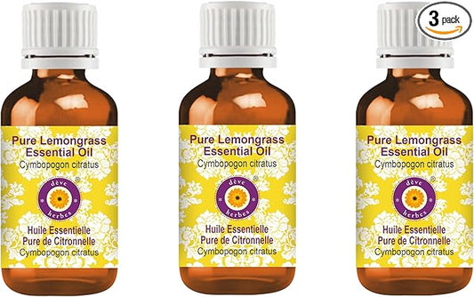 Deve Herbes Pure Lemongrass Essential Oil (Cymbopogon citratus) Steam Distilled (Pack of Three) 100ml X 3 (10 oz)