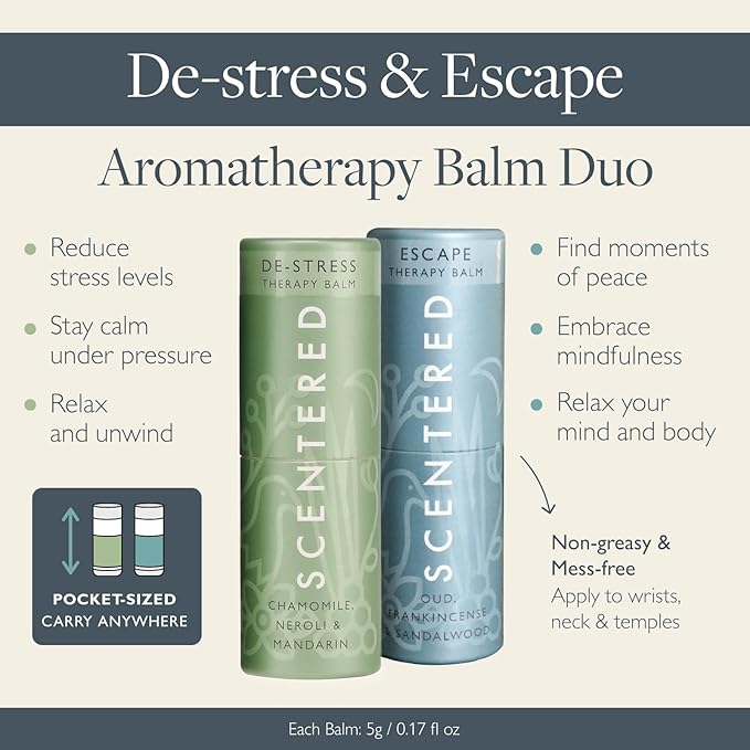 Scentered Aromatherapy Balm Sticks for Stress-Relief & Meditation - Roll On Essential Oil Blends of Frankincense, Oud, Chamomile - Aromatherapy Gifts for Women - De-Stress & Escape