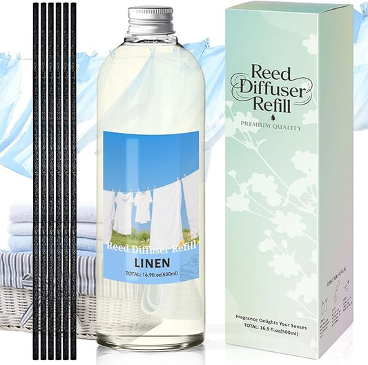 STRN Linen Reed Diffuser Refill 500ml with 6 Natural Reed Sticks, Smooth Aromatherapy for Home, Cozy Comfort Fragrance for Bedroom, Closet, Bathroom