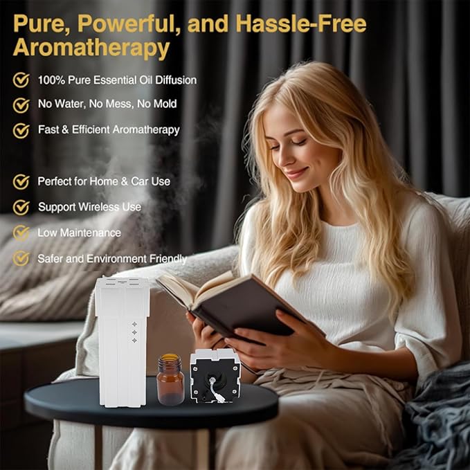 Luocute Waterless Essential Oil Diffuser, 20ML Low Noise Anti Leakage Intelligent Mode Dual Fluid Cold Mist Essential Oil Diffuser, Suitable for Car Bedroom Office (Silver)