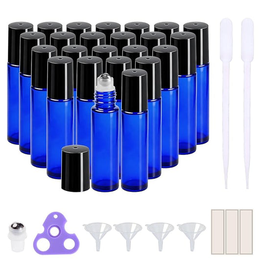 PrettyCare Roller Bottles For Oils 10 ml (Blue Glass, 24 Pack, 2 Extra Stainless Steel Balls, 2 droppers, 1 small brush, 24 Labels, 1 Opener, 1 Funnels Essential Oil Roller Bottles, Roller on Bottles