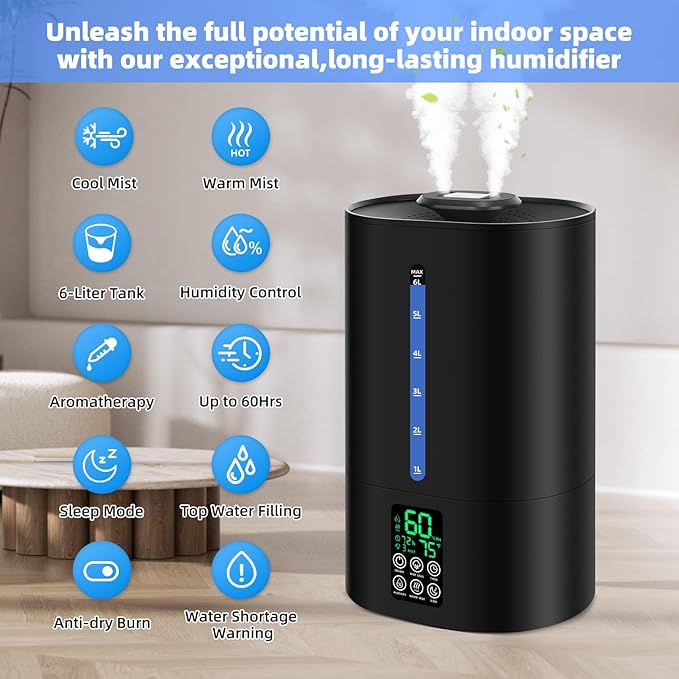 Coolfiqu 6L Humidifiers for Bedroom Large Room Home, Cool and Warm Humidifier for Plants Mist Top Fill Desk Humidifier Essential Oil Diffuser, Quiet Humidifiers with Adjustable Mist,360°Nozzle-Black