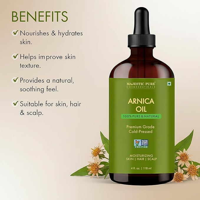Majestic Pure Arnica Oil 4oz (118ml) Premium Carrier Oil with Dropper for Hair Care, Hair Oiling, Scalp Massage, & Skin Care