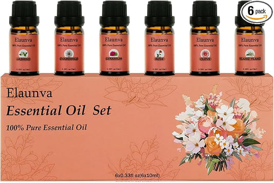 Essential Oils Set,100% Pure Natural,6 Scents(Clove/Chamomile/Rose/Jasmine/Geranium/Ylang Ylang),for Aromatherapy and Home Fragrance,Aroma Therapy Oil,Gift (0.33Fl Oz*6, Flower Set)