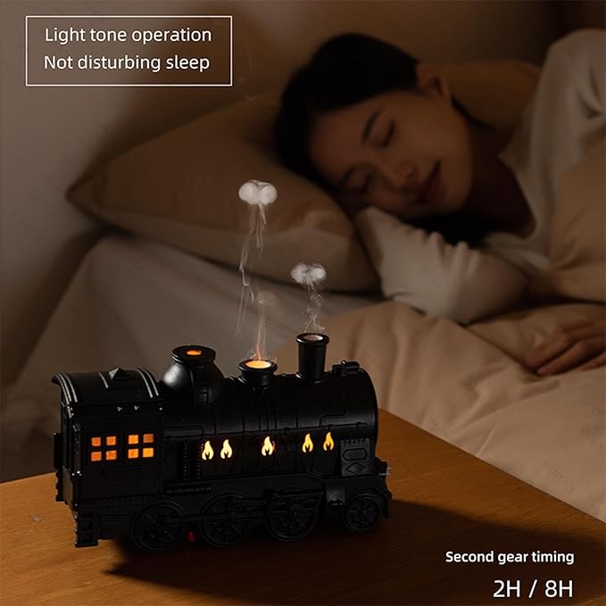 300ML Train Humidifier, Train Diffusers for Essential Oils, 2 Color LED Vintage Steam Christmas Train Aromatherapy Diffuser, 2 Dual Mist Modes Train Cool Mist Air Aroma Humidifier (Black)