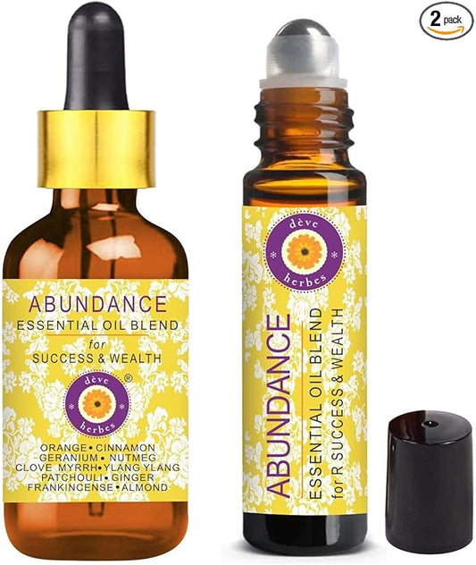 déve herbes Abundance - Essential Oil Blend for Success & Wealth with Orange, Cinnamon, Geranium, Nutmeg, Clove, Myrrh, Ylang Ylang, Patchouli, Ginger, Frankincense Essential Oils 10ml & 5ml
