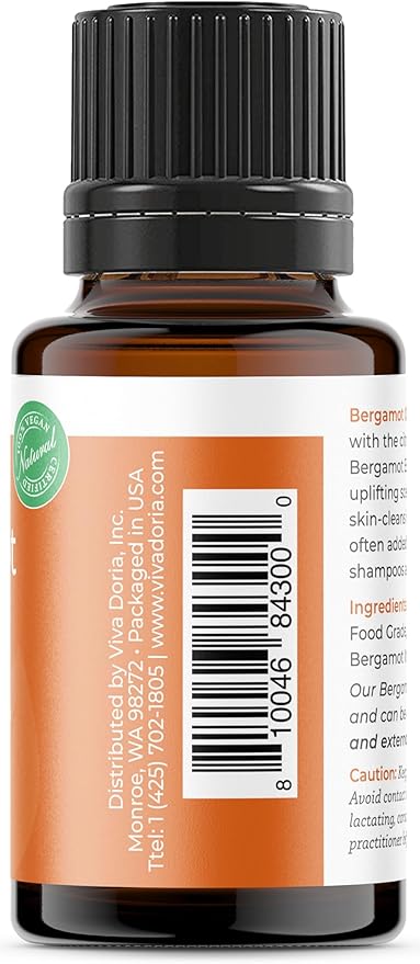 Viva Doria Bergamot Essential Oil, 100% Pure, Natural, Italian Bergamot Essential Oil, Undiluted, for Aromatherapy | Food Grade, 15 mL (0.5 Fluid Ounce)