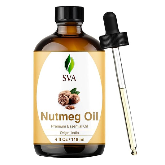 SVA Nutmeg Essential Oil – 4 Fl Oz – 100% Natural Nutmeg Oil - for Diffuser, Hair Care, Face, Skin Care, Aromatherapy, Scalp and Body Massage, Soap and Candle Making – with Dropper