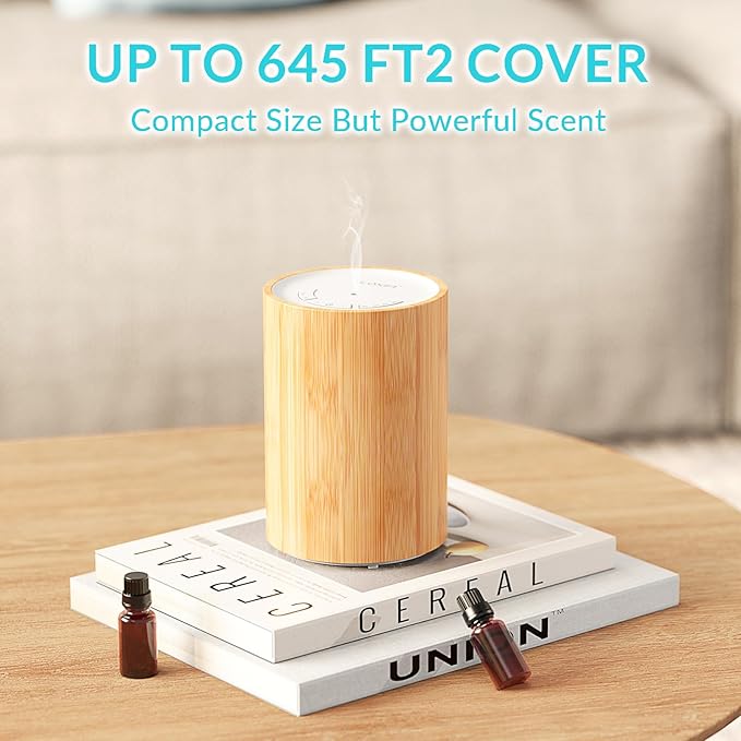 LOXIM Klein Essential Oil Diffuser, Waterless with 4 Time Setting&3 Adjustable Mist, Real Bamboo, Noiseless Aroma Diffuser for Large Room Office Home Car Spa (LX-08)