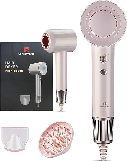 Professional High-Speed Hair Dryer 110,000 RPM, Fast Drying with 500M Negative Ions, Salon-Grade Low Noise Thermo-Control, Includes Magnetic Diffuser & Nozzle (for Home&Travel)-Pink
