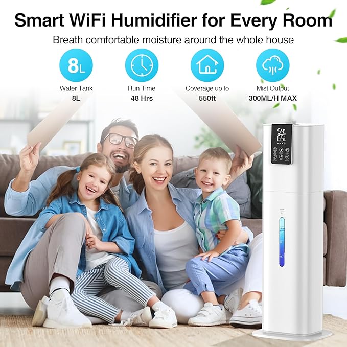 2.1Gal(8L) Smart Humidifier Large Room Bedroom Home, Quiet Top Fill Cool Mist Humidifier with Diffuser, Night Light, 3 Speed Humidifiers with 360° Nozzle, Timer, Humidity Setting for Plants Yoga Baby