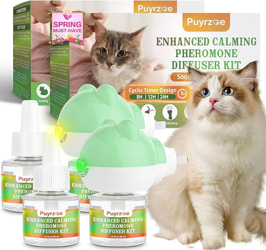 puyrzoe Cat Calming Diffuser with 3 Timing Functions, 6-in-1 Cat Pheromones Calming Diffuser Kit, 120-Day Anxiety Relief, Stress Reduction & Relaxation for All Cats (2 Diffusers + 4 Refills)