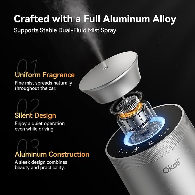 Okali Smart Car Air Fresheners, Strong Fragrance Experience Car Freshener, Sandalwood Cologne & White Musk,All-Aluminum Alloy Automotive Diffuser,Support DIY Perfume, Auto ON/OFF