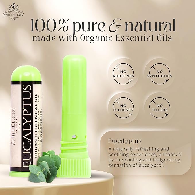 SniffElixir Nasal Stick Inhaler, Vapor Inhaler for Sinus Relief, Nasal Inhaler Stick, Eucalyptus Essential Oil Inhaler for Clear Breathing, Organic Cooling Aroma