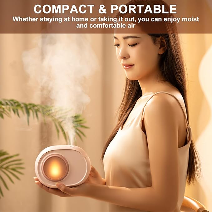 Humidifier for Bedroom, 400ml Desktop Fog Humidifiers, Essential Oil Diffuser with Dynamic Candlelight Flame Lamp, Suitable for Home, Travel & Plant Intelligent Anti Dry Burning Humidifier (Beige)