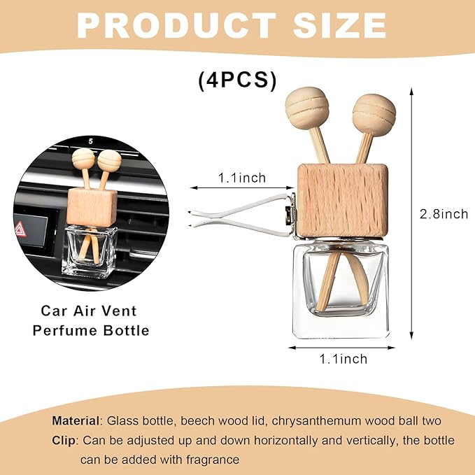 KVAEY 2PCS Car Diffuser Air Freshener Bottle, Refillable Empty Glass Perfume Bottles with Vent Clip, Universal Essential Oil Diffuser for Most Vehicles, Interior Car Accessories (4PCS)