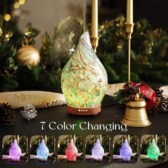 Porseme Essential Oil Diffuser Hand-Blown Glass Aroma Diffusor, Aromatherapy Unltrasonic Cool Mist deffuser, 7 Color Changing, Waterless Shut-Off, Timer Function for Home Office(150ml, Light Blue)