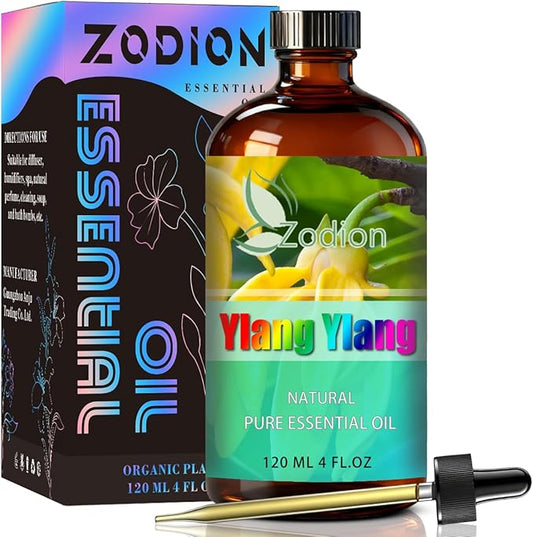 Ylang Ylang Essential Oil, 4 fl oz (120ml) - ZODION Ylang Ylang Fragrance Oil for Diffuser, Massage, Humidifier, DIY Candle, Soap Making, Home, Bath, Yoga