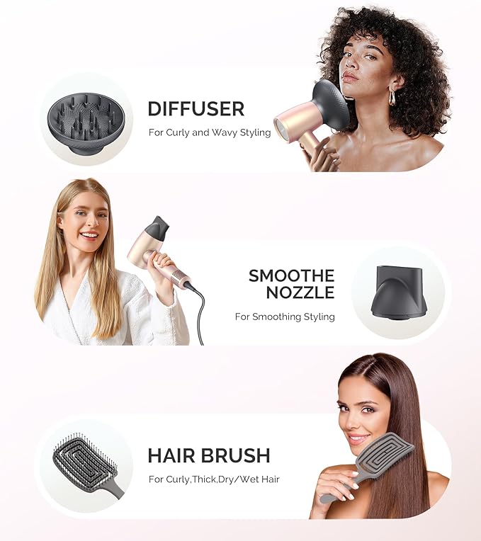 MelodySusie Hair Dryer with Diffuser,1600W Fast Drying Low Noise Ionic Hair Dryer for Curly Hair with Diffuser,Nozzle and Hair Brush,120,000 RPM Blow Dryer Ideal for Women,Light Pink