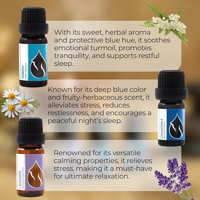 Set Relax Organic Essential Oils | Lavender (0.34 Fl Oz) + Chamomile (0.17 Fl Oz) + Yarrow (0.17 Fl Oz) | 100% Pure and Natural | Undiluted | Therapeutic Grade | Family-Owned Farm | Non-GMO | 3 pcs