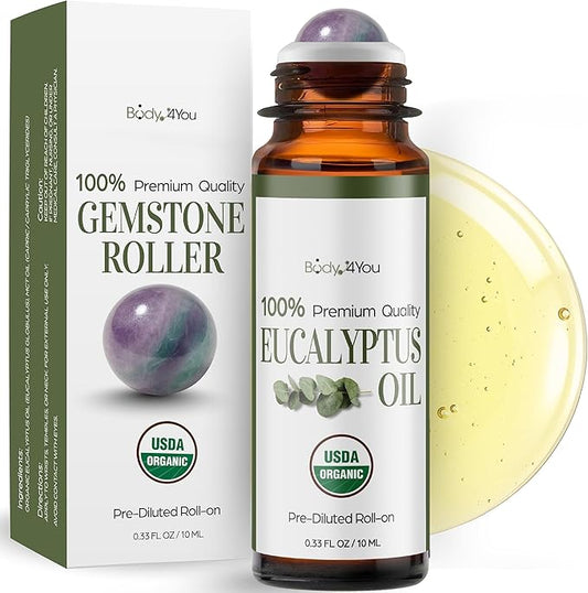 Eucalyptus Essential Oil Roll On for Sinus Congestion Headache - 100% Pure USDA Organic MCT Coconut Oil - Cooling Breathwork Chest Aromatherapy Mental Clarity Focus - Gemstone Roller 10ml Travel Size