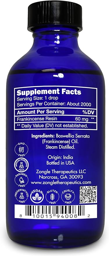 Frankincense Essential Oil, Food Grade, for Face, Dark Circles – 100% Pure, Frankincense, Resin, Oil, Boswellia Serrata, Edible, by Zongle Therapeutics, 4 OZ