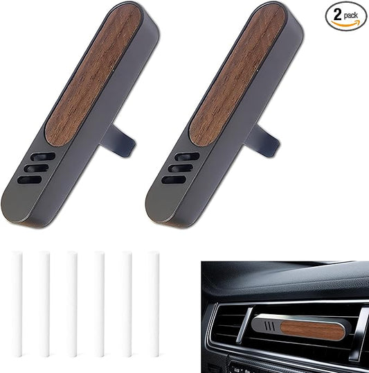 2PCS Car Air Freshener Diffuser, Natural Walnut Vent Diffuser with 6 Refill Unscent Fiber Sticks, Wood Metal-plated Premium Car Odor-absorbing Accessories, for Most Vehicles