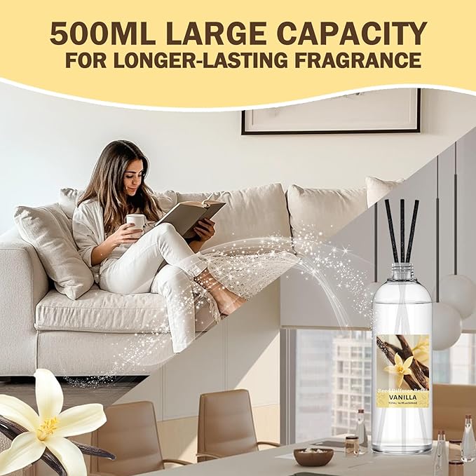 SCENTORINI Reed Diffuser Oil Refill, 16.9oz Natural Vanilla Scented Essential Oil with 6 Sticks, Long Lasting Home Fragrance for Large Space, Bathroom, Spa Room Aromatherapy, Hotel & Office Decor