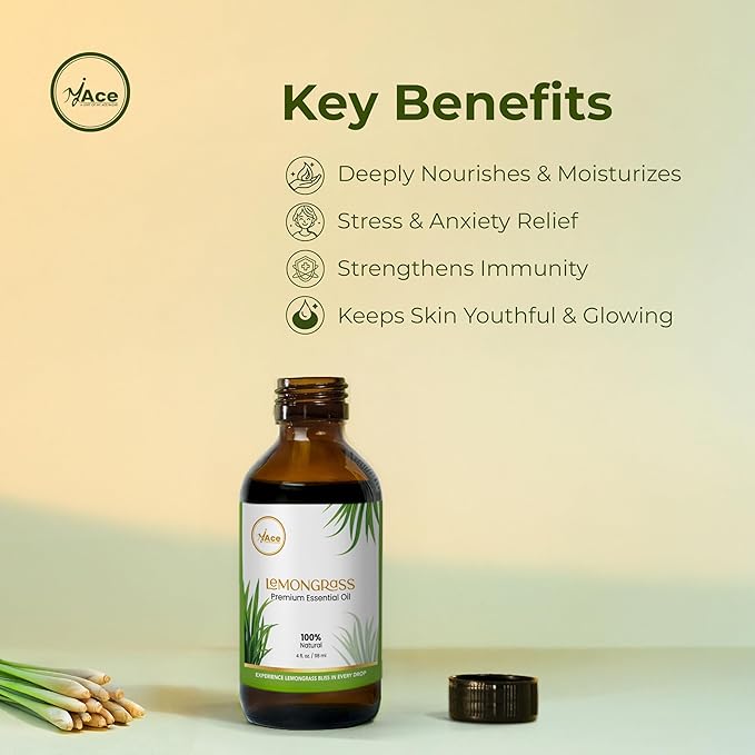 My Ace Lemongrass Essential Oil – 100% Pure & Natural, Steam Distilled, Therapeutic Grade for Diffusers, Aromatherapy, Soap & Candle Making, Non-GMO, Vegan – 4 fl oz