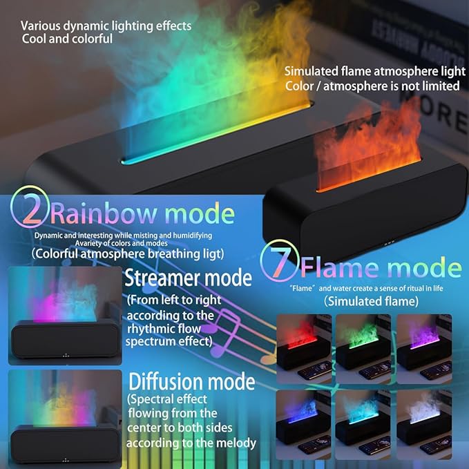 Essential Oil Diffuser, Flame Essential Oil Diffuser Humidifier, Music Sync Colorful Flame Diffuser, Timer & Waterless Auto Off 250ml Humidifier with 7 Colors Light for Home (Black)